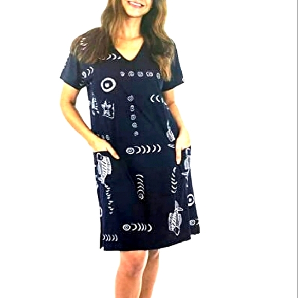 BLUE SHARK Fish Print Shift Tunic Dress EUC - Picture 1 of 12